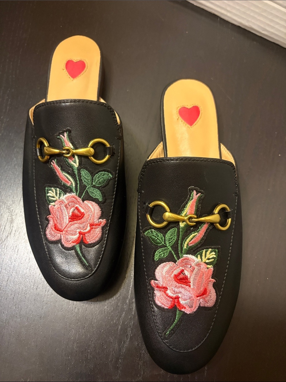 Black Floral Embroidered Slip-On Mules with Gold Bit Accent